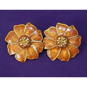 S T.abani Flower Shaped Earrings In Gold Plated Metal & Glittery Orange Enamel